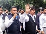 New Delhi Bar Association (NDBA) members stage a protest march at India Gate Circle against amended traffic challan rules under Rule 167 of the Central Motor Vehicles Rules, 1989, in New Delhi on Monday. (ANI Video Grab)