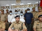 DCP (west) Aditya addressing the media in Agra on September 24. (HT photo)