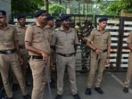 Heavy police deployment at the IIT Bombay gate on Wednesday (Praful Gangurde/HT Photo)