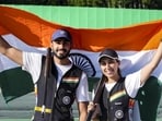 Parinaaz Dhaliwal, right, and Anantteet Singh Naruka after winning the mixed team bronze. (PTI)