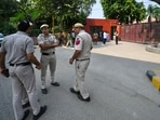 Police personnel outside Lady Shri Ram College (LSR) on Wednesday. (Sanchit Khanna/Hindustan Times)