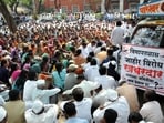 Pune, India - Feb. 14, 2018:People protest at Collector office for appose New Airport at Purandar, in Pune, India, on Wednesday, February 14, 2018.
