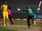 Matthew Breetzke celebrates his century off Australia's bowler Mitchell Starc. Matthew Breetzke celebrates his century off Australia's bowler Mitchell Starc.