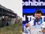 Charred remains of the bus (left), Roshibina Devi at the Asian Games (right)