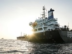 A commercial vessel is anchored off Yemen's coast at Bab al-Mandeb, in the straits connecting the Red Sea with the Gulf of Aden and the Indian Ocean.
