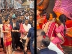 Mukesh Ambani and his wife Nita Ambani were spotted visiting Mumbai’s iconic Lalbaugcha Raja pandal.(Instagram/@manav.manglani; @varindertchawla)