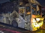 Noida: Charred remains of a sleeper bus after it caught fire on the Yamuna Expressway in the Greater Noida area, killing nine passengers, Noida: Charred remains of a sleeper bus after it caught fire on the Yamuna Expressway in the Greater Noida area, killing nine passengers,