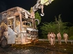 An air-conditioned (AC) sleeper bus packed with passengers caught fire about a kilometer before the Jewar Greater Noida toll plaza An air-conditioned (AC) sleeper bus packed with passengers caught fire about a kilometer before the Jewar Greater Noida toll plaza
