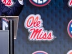 The Ole Miss logo is displayed at a press conference of Pete Golding of the Ole Miss Rebels. (Representational)(Getty Images via AFP)