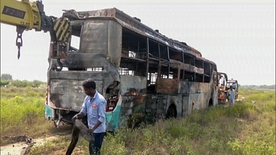 A view of the charred sleeper bus after it caught fire, allegedly caused by the driver and cleaner's continuous smoking on the Yamuna Expressway, in Greater Noida on Thursday. (ANI Video Grab) (ANI Video Grab) A view of the charred sleeper bus after it caught fire, allegedly caused by the driver and cleaner's continuous smoking on the Yamuna Expressway, in Greater Noida on Thursday. (ANI Video Grab) (ANI Video Grab)