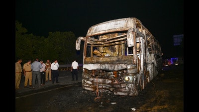 An air-conditioned (AC) sleeper bus that caught fire in Greater Noida on Thursday, killing at least 9 people. (Sunil Ghosh / Hindustan Times) An air-conditioned (AC) sleeper bus that caught fire in Greater Noida on Thursday, killing at least 9 people. (Sunil Ghosh / Hindustan Times)