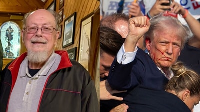 Jim Copenhaver (L) and Trump after the Butler rally assassination attempt in July 2024. Jim Copenhaver (L) and Trump after the Butler rally assassination attempt in July 2024.