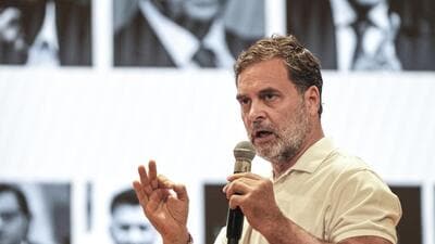 Leader of Opposition in the Lok Sabha Rahul Gandhi addresses a press conference, at AICC headquarters in New Delhi on Thursday. (PTI)