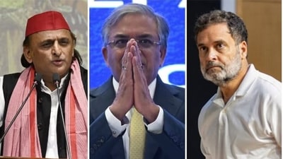 Samajwadi Party (SP) chief Akhilesh Yadav, Chief Election Commissioner Gyanesh Kumar and Leader of the Opposition Rahul Gandhi. (HT)