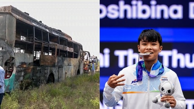 Charred remains of the bus (left), Roshibina Devi at the Asian Games (right) Charred remains of the bus (left), Roshibina Devi at the Asian Games (right)