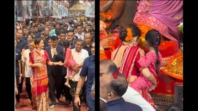 Mukesh Ambani and his wife Nita Ambani were spotted visiting Mumbai’s iconic Lalbaugcha Raja pandal. (Instagram/@manav.manglani; @varindertchawla)