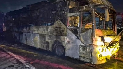 Noida: Charred remains of a sleeper bus after it caught fire on the Yamuna Expressway in the Greater Noida area, killing nine passengers, (PTI)