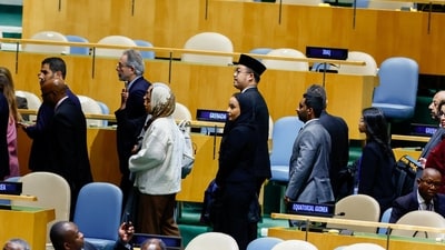 Delegates walk out as Israel's Prime Minister Benjamin Netanyahu addresses the 81st United Nations General Assembly at UN headquarters in New York City on September 24. (REUTERS)