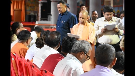 Chief minister Yogi Adityanath listening to grievances of people at Janata Darshan in Gorakhpur on Thursday morning. (Sourced)