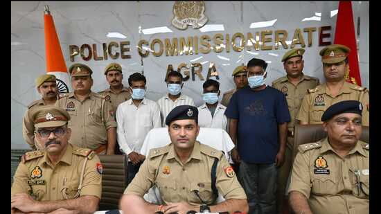 DCP (west) Aditya addressing the media in Agra on September 24. (HT photo)