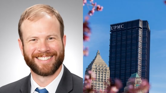 Enhanced image of Dr. Idris Evans (L) who was stabbed by a patient at UPMC, Pittsburgh (R).