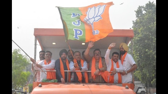 Rajya Sabha member and BJP national headquarters in-charge Tarun Chugh during ‘Nasha Mukt Punjab Yatra’ , in Amritsar, on Thursday. (Sameer Sehgal//HT)