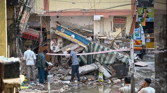 The site of the building collapse, earlier in September 2026. (HT Photo)
