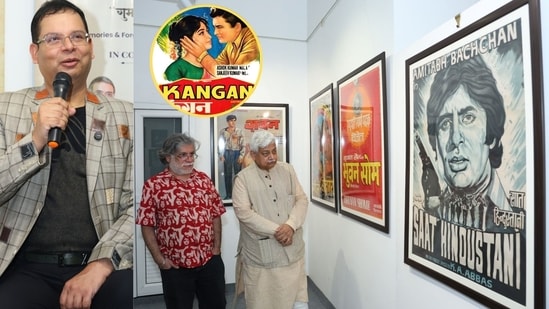 IRS officer and film archivist Suboor Usmani during the Bioscope exhibition and (right) director-film historian Karan Bali and chief guest actor-theatre personality Atul Tiwari in Lucknow (HT Photos)