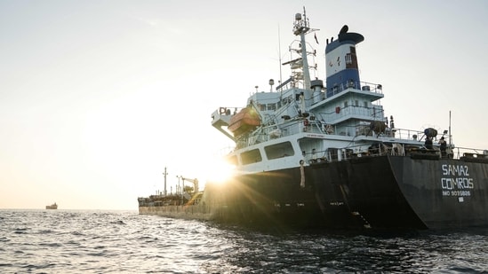 A commercial vessel is anchored off Yemen's coast at Bab al-Mandeb, in the straits connecting the Red Sea with the Gulf of Aden and the Indian Ocean. (AFP)