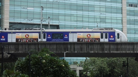 A Mumbai Metro train displaying the National Stock Exchange (NSE) logo ahead of the exchange's planned initial public offering (IPO) in Mumbai (REUTERS)