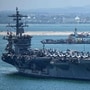 US nuclear-powered aircraft carrier USS Abraham Lincoln (CVN-72) departs Laem Chabang Port, near the city of Pattaya on September 6, 2026. Thousands of US sailors aboard an aircraft carrier departed from Thailand on September 6, AFP journalists said, concluding its first port call following reports of deteriorating living conditions on board after nine months at sea. (Photo by Chanakarn LAOSARAKHAM / AFP)