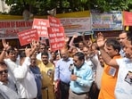 Members of the United Forum of Bank Unions (UFBU) raise slogans ahead of a three-day nationwide bank strike at Gardanibagh in Patna, Bihar, India.
