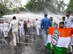 Police uses water cannons to stop the Bihar Pradesh Congress Committee members and supporters during a protest march towards the Election Commission Office.(ANI)