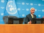 Jaishankar and Liberia’s Sara Beysolow Nyanti hold a joint briefing on sidelines of on the sidelines of the 81st United Nations General Assembly, in New York on Friday. 
