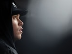 Aaron Judge #99 of the New York Yankees looks on from the dugout during the fifth inning against the Tampa Bay Rays at Yankee Stadium in New York City.  