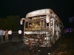 An air-conditioned (AC) sleeper bus that caught fire in Greater Noida on Thursday, killing at least 9 people. (Sunil Ghosh// Hindustan Times)