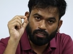 Abhijeet Dipke speaks during a press conference to demand resignation of Chief Election Commissioner Gyanesh Kumar.