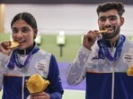 Nagoya: India’s Suruchi Singh, left, and Kamaljeet celebrate after winning Gold medal in the 10 meter air pistol mixed team final in the ongoing Asian Games 2026, in Nagoya, Japan, Friday, Sept. 25, 2026. (PTI Photo/Atul Yadav) (PTI09_25_2026_000097B) (PTI)