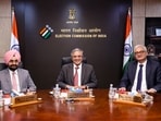 File photo of Chief Election Commissioner Gyanesh Kumar with election commissioners SS Sandhu and Vivek Joshi.(@ECISVEEP)