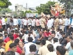 The death of man during Ganpati immersion procession in Ahilyanagar has triggered a controversy, with NCP MLA Sangram Jagtap and residents alleging that he died following police lathi-charge. (HT)