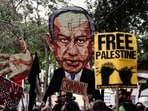 A cutout depicting Israeli Prime Minister Benjamin Netanyahu is held up as pro-Palestinian demonstrators protest against Israeli Prime Minister Benjamin Netanyahu on the sidelines of the 81st United Nations General Assembly in New York.