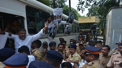 Bhim Army Activist  detained by police on Thursday after they arrived at the gate of IIT Bombay to stage a protest over the IIT Bombay suicide case. (Praful Gangurde/HT Photos)