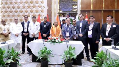 CM Yogi Adityanath with representatives of partner countries during the UPITS in Greater Noida on Friday. (Sourced)