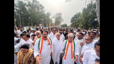 Congress workers started their protest from Sector 9 but were thwarted by water cannons and subsequently detained. (HT) Congress workers started their protest from Sector 9 but were thwarted by water cannons and subsequently detained. (HT)