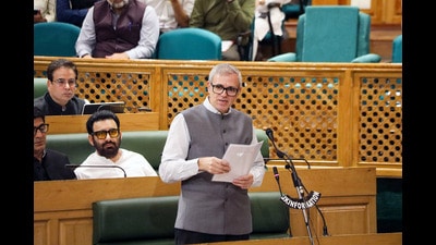 J&K CM Omar Abdullah speaks as he introduces the resolution on Day 4 of the autumn session in Srinagar on Friday. (ANI) J&K CM Omar Abdullah speaks as he introduces the resolution on Day 4 of the autumn session in Srinagar on Friday. (ANI)