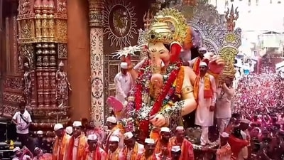 Devotees gather as the Lalbaugcha Raja idol begins its journey towards immersion in Mumbai. (lalbaugcharaja/instagram) Devotees gather as the Lalbaugcha Raja idol begins its journey towards immersion in Mumbai. (lalbaugcharaja/instagram)