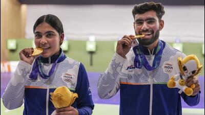 Nagoya: India’s Suruchi Singh, left, and Kamaljeet celebrate after winning Gold medal in the 10 meter air pistol mixed team final in the ongoing Asian Games 2026, in Nagoya, Japan, Friday, Sept. 25, 2026. (PTI Photo/Atul Yadav) (PTI09_25_2026_000097B) (PTI) Nagoya: India’s Suruchi Singh, left, and Kamaljeet celebrate after winning Gold medal in the 10 meter air pistol mixed team final in the ongoing Asian Games 2026, in Nagoya, Japan, Friday, Sept. 25, 2026. (PTI Photo/Atul Yadav) (PTI09_25_2026_000097B) (PTI)