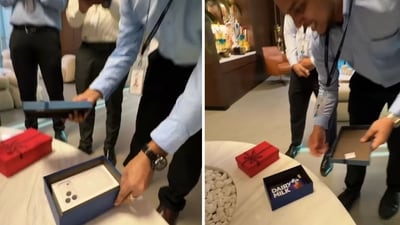 Employees taking part in a mystery gift box game in UAE. (Instagram/@haseena_nishad) Employees taking part in a mystery gift box game in UAE. (Instagram/@haseena_nishad)