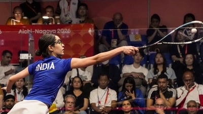India's Anahat Singh competes in the women's singles quarter-finals Tanvi Khanna at the Asian Games, (PTI)