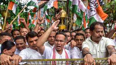 Assam Congress president Gaurav Gogoi and others, during a protest carried out by Assam Pradesh Congress Committee against Chief Election Commissioner (CEC) Gyanesh Kumar, in Guwahati, Assam. (PTI)